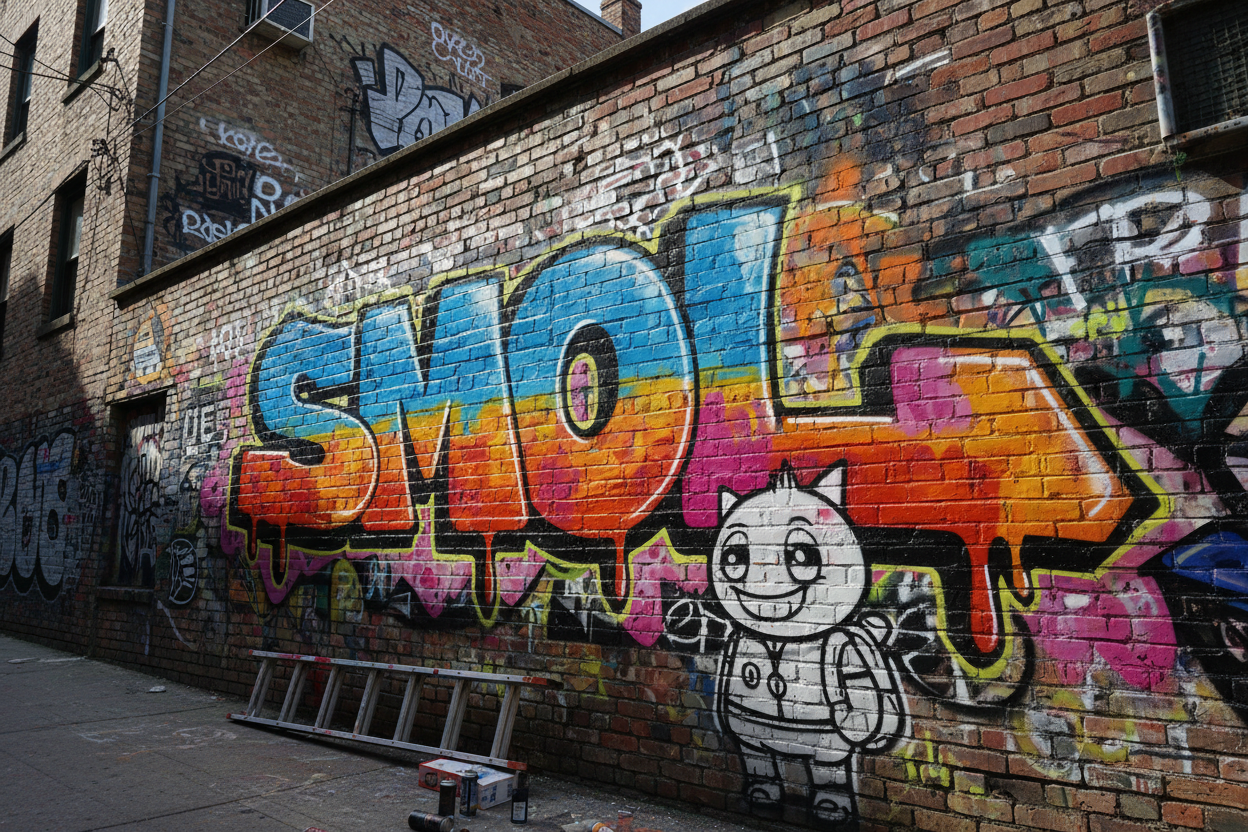 Translation missing: en.GRAFITTI AGAINST WALL IN CITY STREET  - LOOKS ARTSY QITH WORD "SMOL"